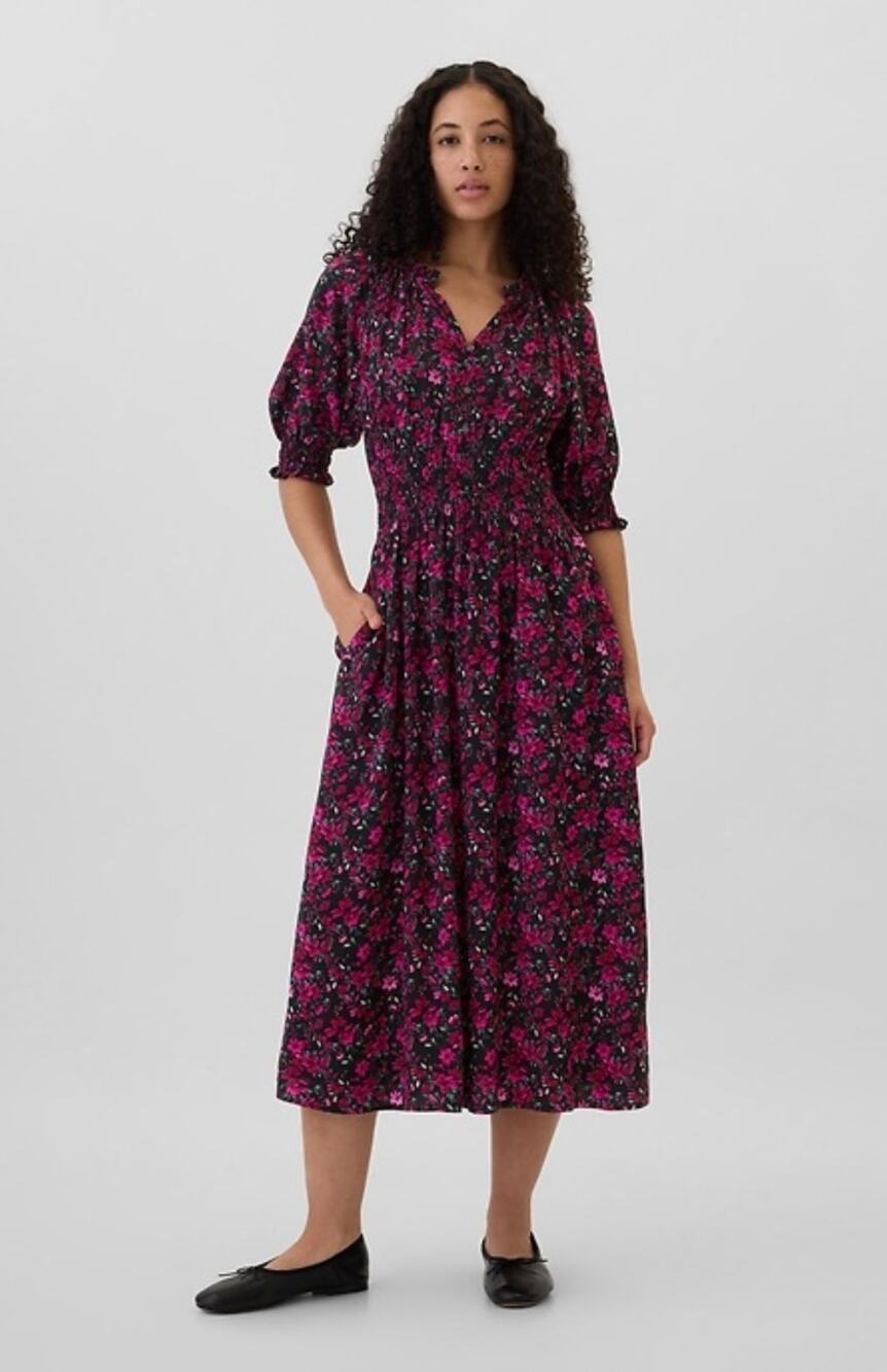 NWT GAP Smocked Split Neck Midi Floral Dress Women's L Black Pink Dark Romantic